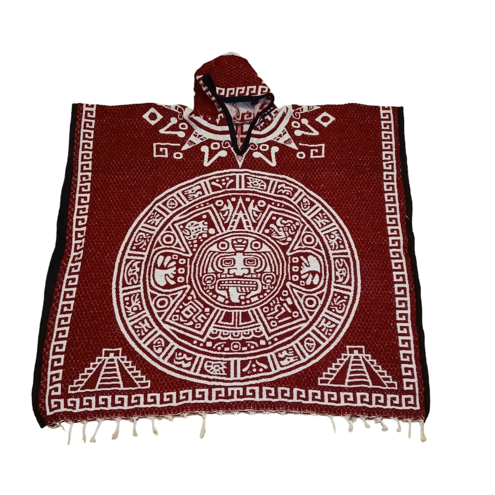 Mexican Poncho with Aztec Warrior and Calendar Design | Red